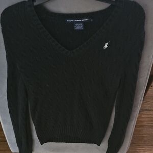 Ralph Lauren Black Cable-Knit V-Neck Sweater with White Pony Logo